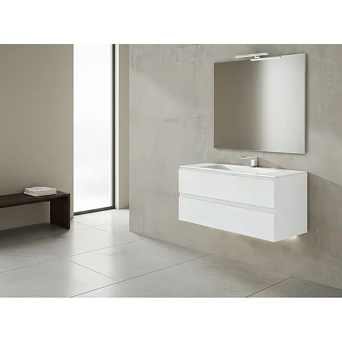 Conjunto de mueble de baño Módena - Ancho: 60 cm, Blanco, 3 pzs. - Mueble de baño flotante blanco con lavabo, dos cajones y espejo rectangular con luz, en un ambiente moderno.