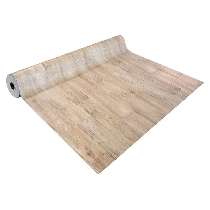 Vinylboden CV-Belag - 350 x 200 cm, Eiche Antik Wagner 1 - Heller Vinylboden in Holzoptik als Rolle ausgerollt, mit beigen und hellbraunen Dielenmustern.