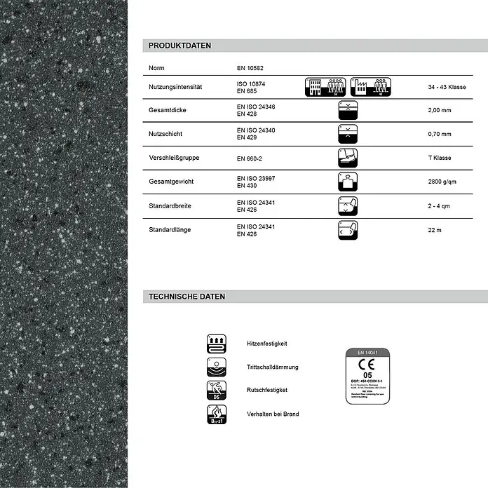 Vinylboden CV-Belag - 1.400 x 100 cm, Mira 990D - Technisches Datenblatt für einen gesprenkelten, dunkelgrauen elastischen Bodenbelag.