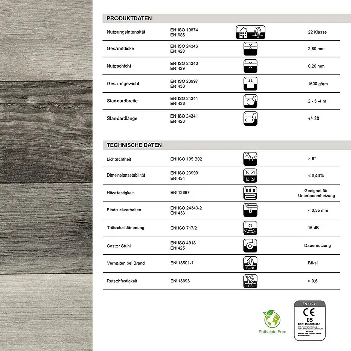 Vinylboden CV-Belag - 1.400 x 200 cm, Holm Oak 999M - Technisches Datenblatt mit Spezifikationen für ein graues Bodenbelagsprodukt in Holzoptik.