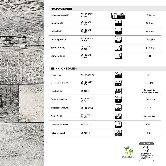 Vinylboden CV-Belag - 1.900 x 200 cm, Cuban Oak 909M - Nahaufnahme von hellgrauem und weißem Bodenbelag in verwitterter Holzoptik mit technischen Daten.