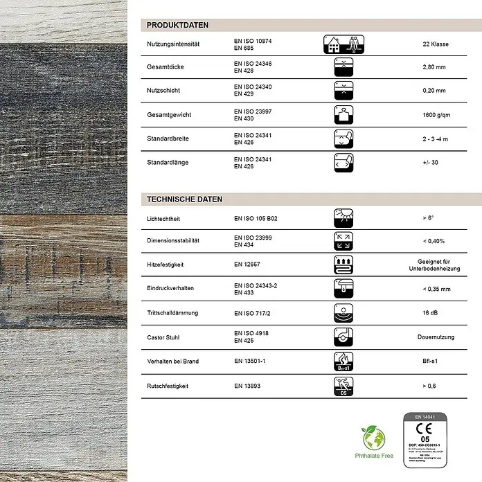 Vinylboden CV-Belag - 1.100 x 100 cm, Cuban Oak 967M - Holzbodenoptik in Grau- und Brauntönen mit technischem Datenblatt.