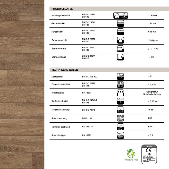 Vinylboden CV-Belag - 1.300 x 100 cm, Eiche Gold 609L - Warmer brauner Bodenbelag in Holzoptik mit deutlich sichtbaren Dielen und realistischer Maserung.