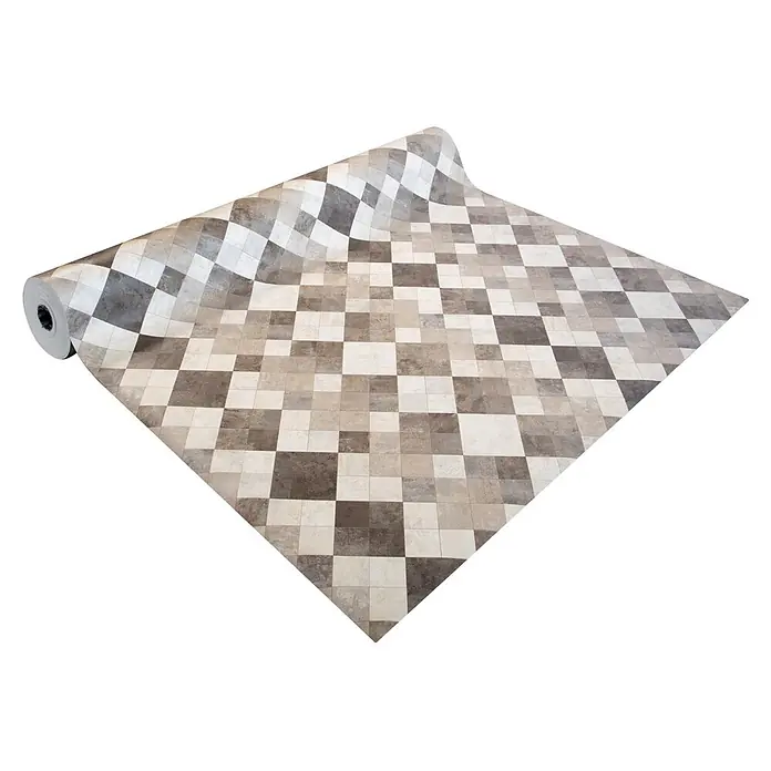 Vinylboden CV-Belag - 400 x 200 cm, Toscana 2 - Rolle Fußbodenbelag mit Schachbrettmuster, grauen und hellen Fliesen, teilweise ausgerollt.