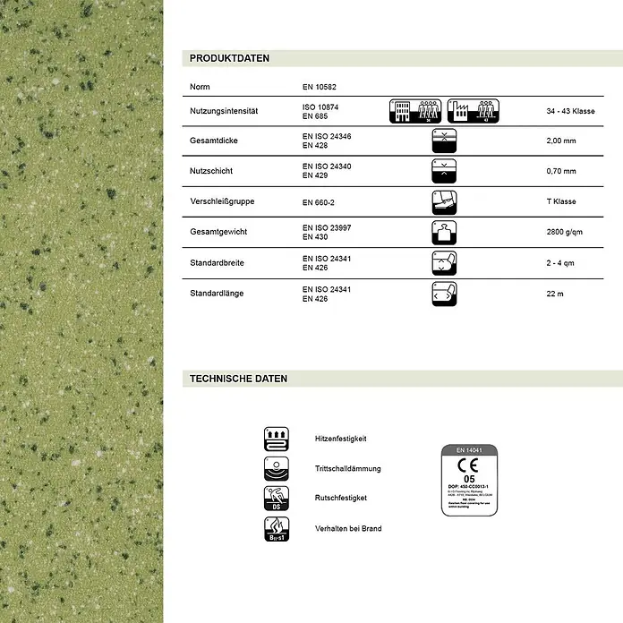 Vinylboden CV-Belag - 150 x 100 cm, Mira 550M - Datenblatt für grünen, gesprenkelten Bodenbelag mit technischen Spezifikationen und CE-Kennzeichnung.