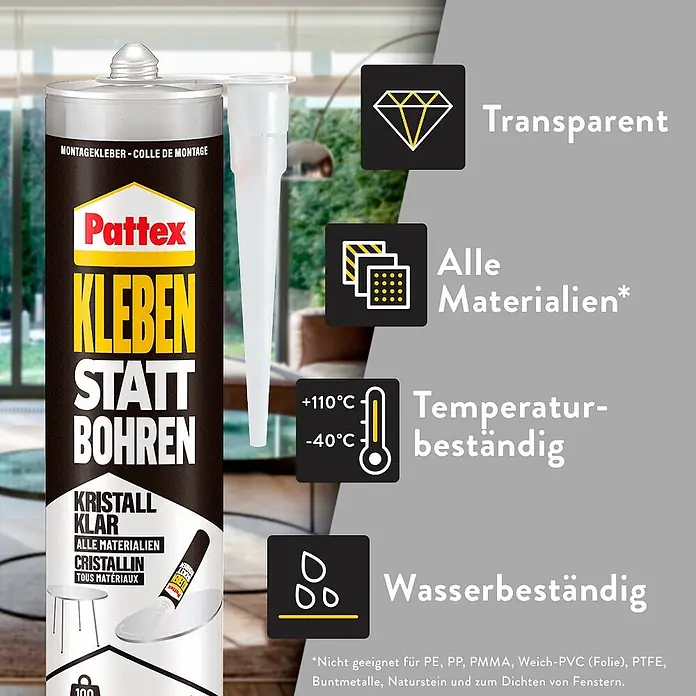 Pattex Kleben statt Bohren Montagekleber Kristallklar - 290 g, Kartusche, Lösemittelfrei - Pattex "Kleben statt Bohren" Kristall-Klar-Klebstofftube mit Applikator, transparent, vielseitig, temperatur- und wasserbeständig.