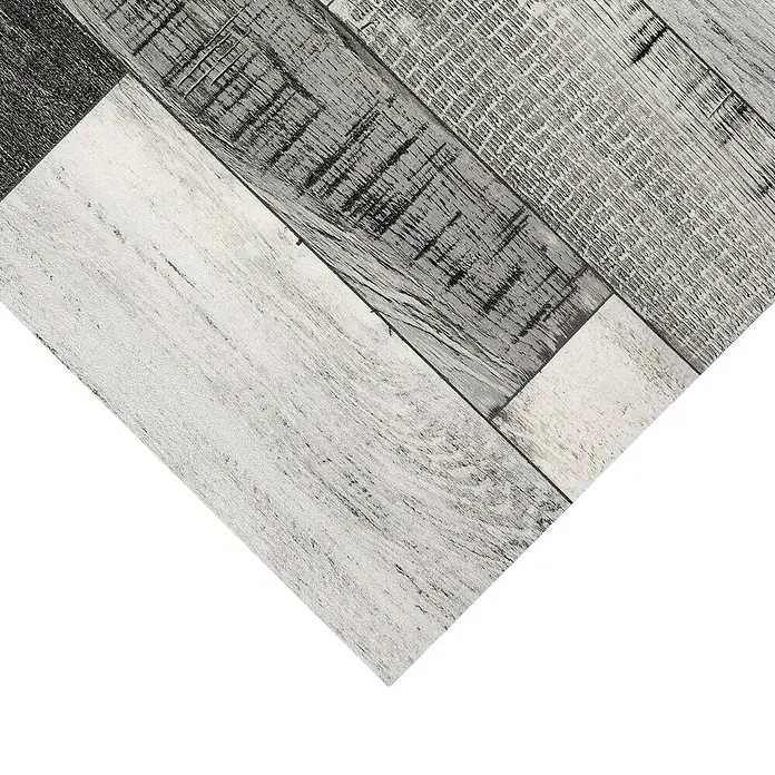 Vinylboden CV-Belag - 1.900 x 200 cm, Cuban Oak 909M - Abgenutztes grau-weißes Holzparkett mit diagonal verlegten Dielen.