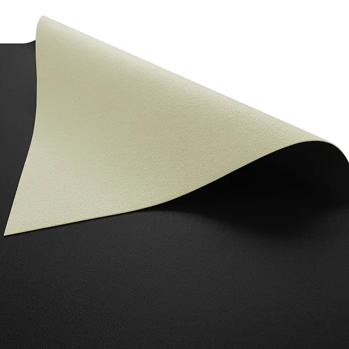 Vinylboden CV-Belag - 1.400 x 200 cm, Schwarz, Expotop - Strukturierte schwarze und hellbeige Materialbahn, beide Seiten sichtbar.
