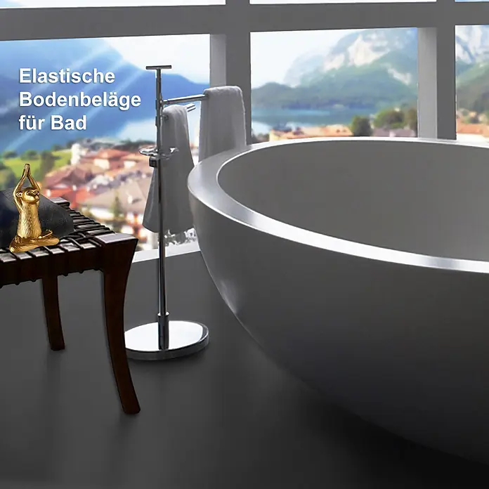 Vinylboden CV-Belag - 900 x 200 cm, Anthrazit, Expotop - Dunkelgrauer elastischer Bodenbelag für Bäder, in modernem Ambiente mit Badewanne gezeigt.