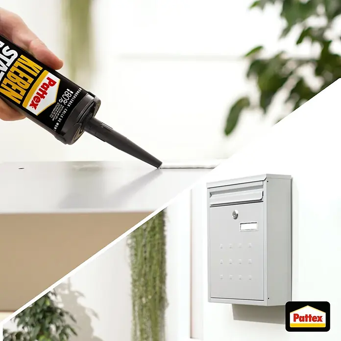 Pattex Montagekleber Kleben statt Bohren Innen & Außen - 450 g, Kartusche - Pattex Klebstoff auf einer Oberfläche zum Anbringen eines Briefkastens.
