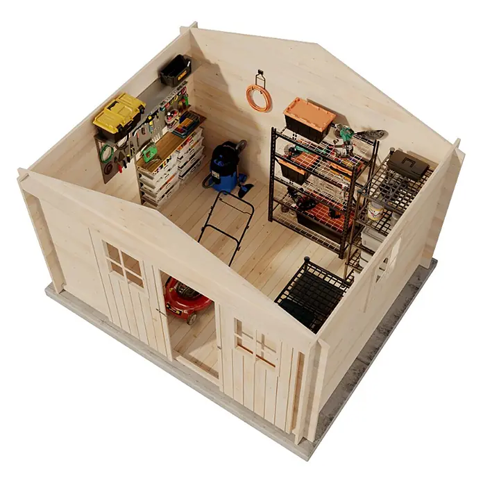 Alpholz Gerätehaus Evere - Außenbreite inkl. Dachüberstand: 330 cm, Außentiefe inkl. Dachüberstand: 270 cm, Holz, Naturbelassen - Heller Holzschuppen-Innenraum mit Werkzeugen, Regalen und einem Rasenmäher, zeigt organisierte Aufbewahrung.