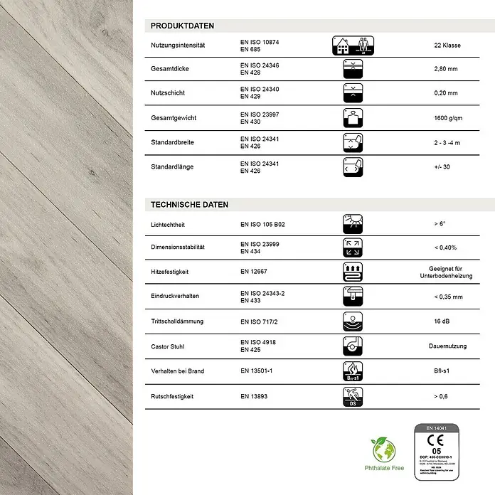 Vinylboden CV-Belag - 400 x 200 cm, Oak Chevron 907M - Hellgrauer Bodenbelag in Holzoptik mit einem Datenblatt, das Produkt- und technische Spezifikationen wie Dicke, Nutzschicht und Brandverhalten detailliert.