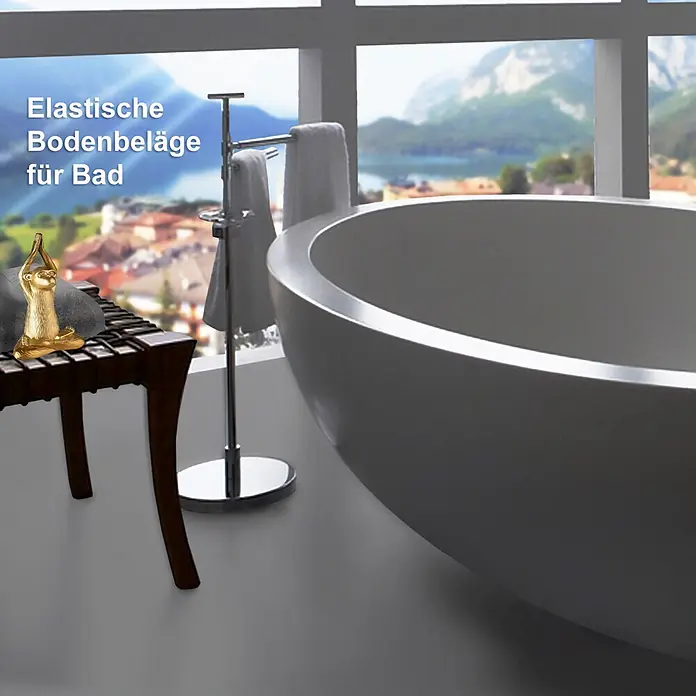 Vinylboden CV-Belag - 2.000 x 200 cm, Grau, Expotop - Grauer elastischer Bodenbelag in einem modernen Badezimmer mit Badewanne und Aussicht.
