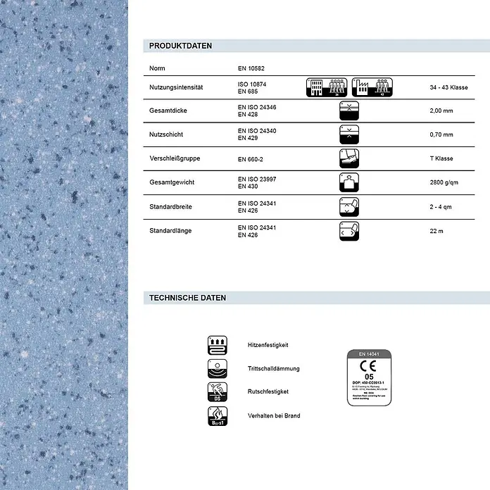 Vinylboden CV-Belag - 1.200 x 100 cm, Mira 770M - Technisches Datenblatt mit Produktspezifikationen und Symbolen.