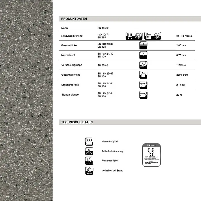 Vinylboden CV-Belag - 250 x 200 cm, Mira 690D - Grauer, gesprenkelter Bodenbelag mit Produktspezifikationen und technischen Daten.