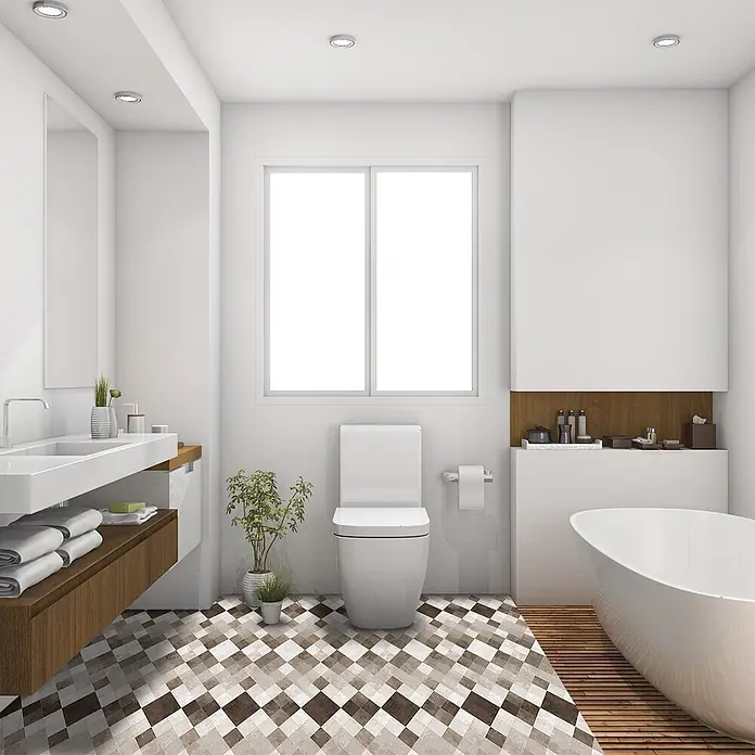 Vinylboden CV-Belag - 400 x 200 cm, Toscana 2 - Badezimmerboden mit geometrischem Fliesenmuster in Braun-, Weiß- und Grautönen.