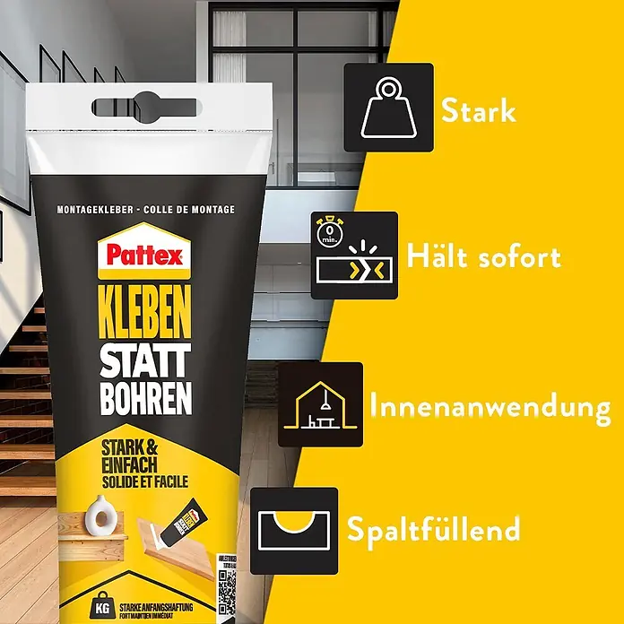 Pattex Montagekleber Kleben statt Bohren - 250 g - Pattex KLEBEN STATT BOHREN Montagekleber im Beutel, stark, sofortiger Halt, für spaltfüllende Innenanwendungen.
