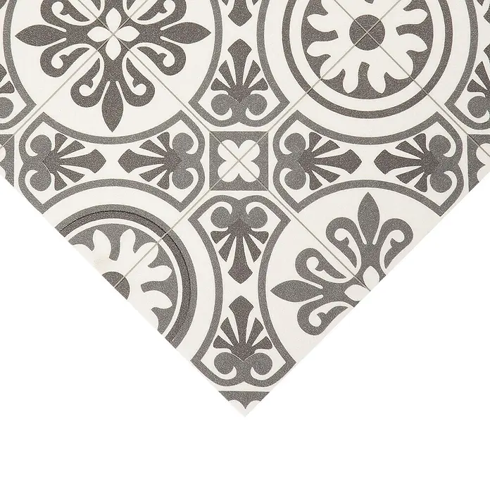 Vinylboden CV-Belag - 1.100 x 200 cm, Lagos 909D - Grau-weiße Fliese mit komplexen floralen und geometrischen Mustern.