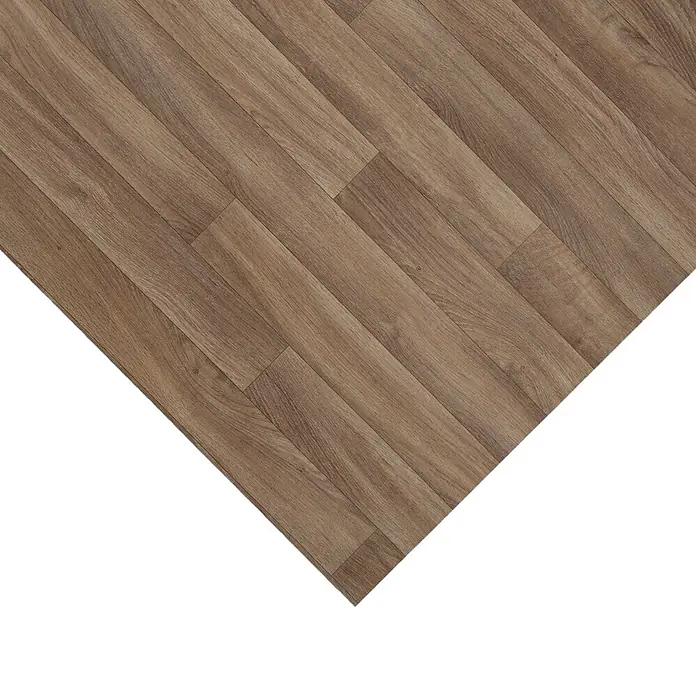 Vinylboden CV-Belag - 1.300 x 100 cm, Eiche Gold 609L - Braune Holzoptik-Bodenplanken diagonal verlegt.