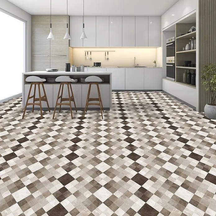 Vinylboden CV-Belag - 400 x 200 cm, Toscana 2 - Geometrisch karierter Küchenboden in Braun-, Beige- und Weißtönen, der ein dynamisches Muster bildet.