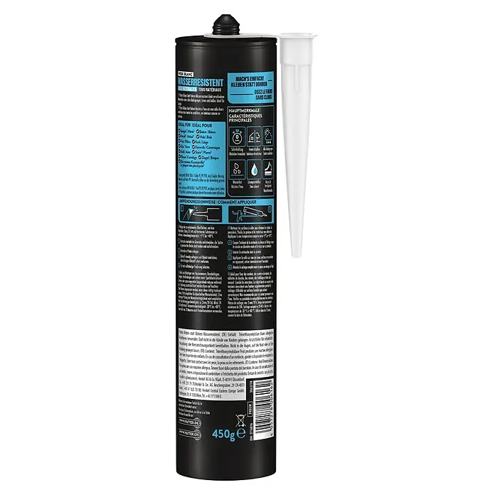 Pattex Montagekleber Kleben statt Bohren Innen & Außen - 450 g, Kartusche - Schwarze und weiße Pattex wasserresistente Klebstoffkartusche mit Dosierspitze.