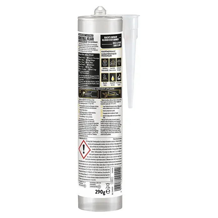 Pattex Kleben statt Bohren Montagekleber Kristallklar - 290 g, Kartusche, Lösemittelfrei - Pattex Kristall Klar transparenter Klebstoff in einer weißen Kartusche für Silikonpistolen.