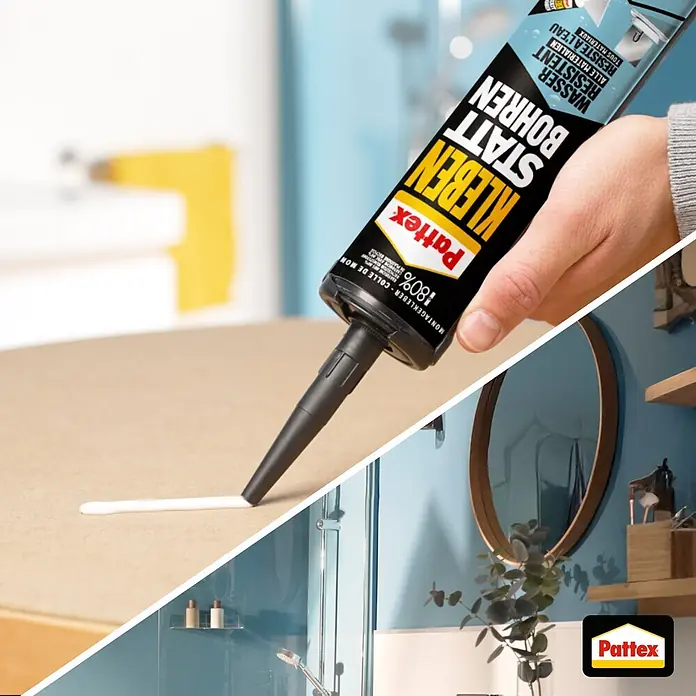 Pattex Montagekleber Kleben statt Bohren Innen & Außen - 450 g, Kartusche - Eine Hand trägt weißen Pattex-Kleber aus einer Kartusche auf, ideal für Badezimmer, hervorgehoben durch „Kleben statt Bohren“ und „Wasser resistent“.