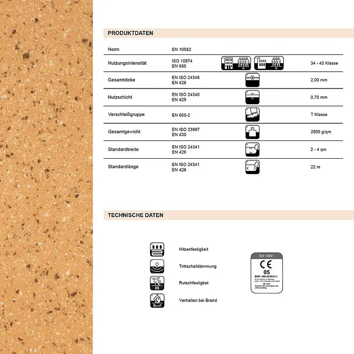 Vinylboden CV-Belag - 50 x 200 cm, Mira 330M - Produktdatenblatt für Bodenbelag, mit Spezifikationen und einem strukturierten braun-beigen Granulatmuster.