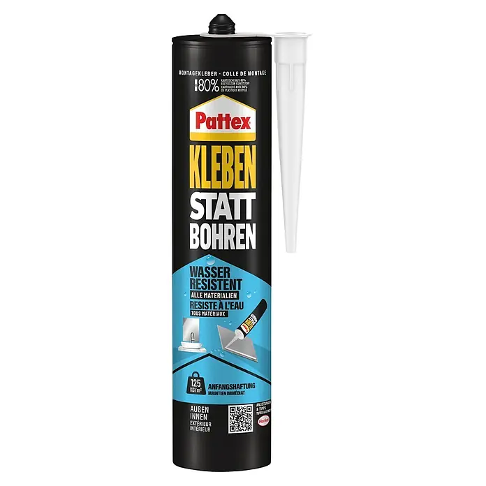 Pattex Montagekleber Kleben statt Bohren Innen & Außen - 450 g, Kartusche - Schwarze Pattex Montagekleber-Kartusche mit weißer Düse, wasserresistent für starke Haftung innen/außen, aus 80% recyceltem Kunststoff.