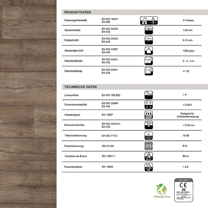 Vinylboden CV-Belag - 500 x 100 cm, Eiche Antik 606M - Technisches Datenblatt für braunen Holzoptik-Bodenbelag mit Angaben zu Dicke, Gewicht und Brandverhalten.