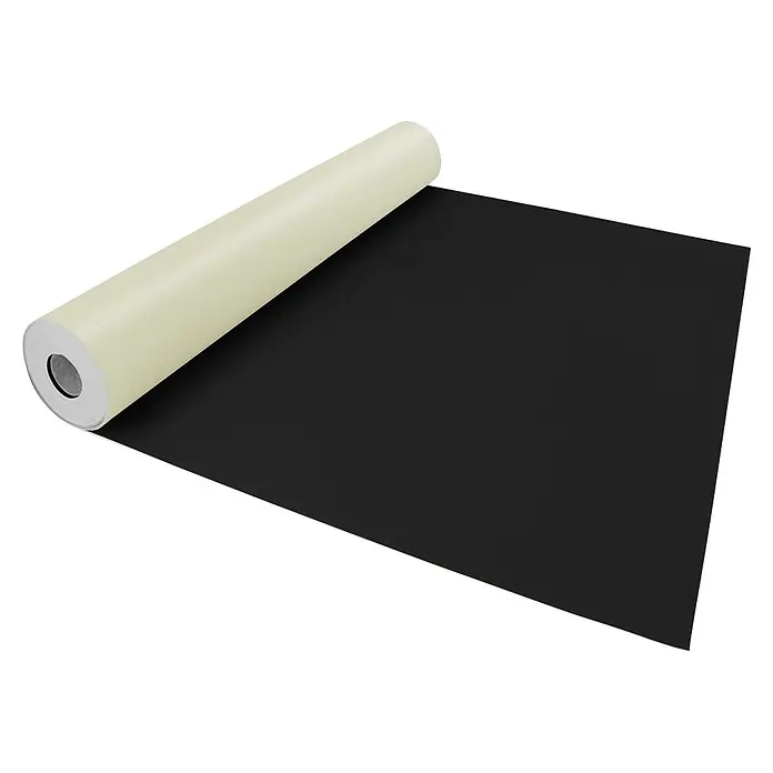 Vinylboden CV-Belag - 1.400 x 200 cm, Schwarz, Expotop - Teilweise ausgerollte schwarze Dachpappenrolle.