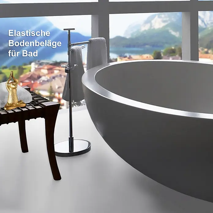 Vinylboden CV-Belag - 500 x 200 cm, Weiß, Expotop - Elastischer Bodenbelag in einem modernen Badezimmer mit Badewanne und Landschaftsblick.