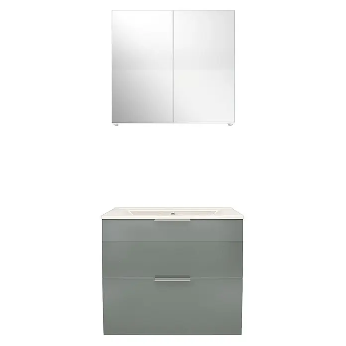 AcquaVapore Badmöbel-Set Fertigdusche Gently-2-B060-V1-F0102 -  - Grauer Badezimmerschrank mit weißem Waschbecken und silbernen Griffen, gepaart mit einem Spiegelschrank mit vier Türen.