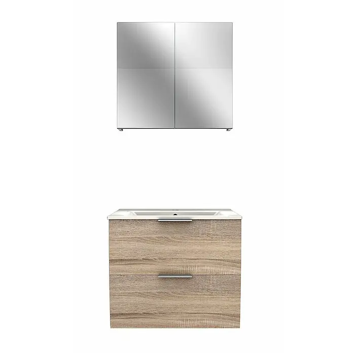 AcquaVapore Badmöbel-Set Fertigdusche Gently-2-B060-V1-F0109-LED -  - Badezimmerset mit Spiegelschrank und hellbraunem Waschtischunterschrank mit zwei Schubladen und integriertem Waschbecken.