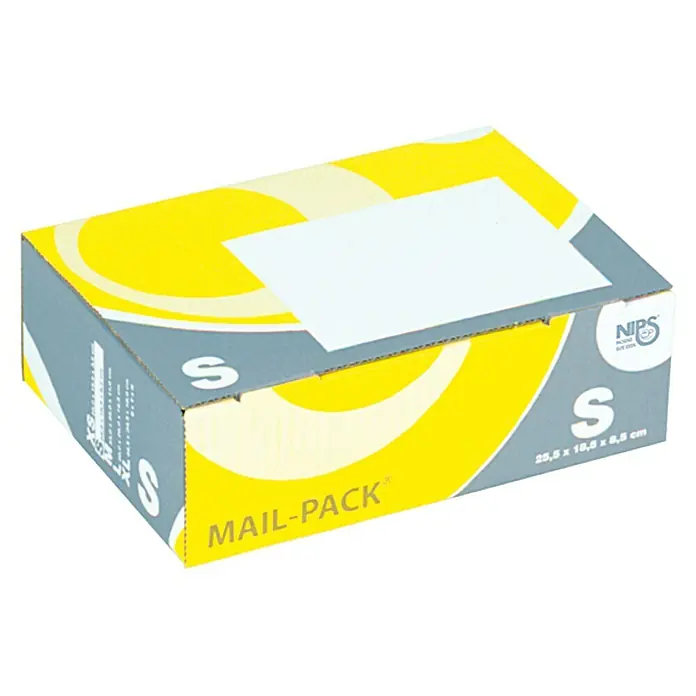 Mail-Pack Verpackungskarton - L x B x H: 255 x 185 x 85 mm - Produktfoto einer kleinen, gelb-grauen Mail-Pack Versandbox mit Größenangabe und Logo. Geeignet für kleine Artikel.