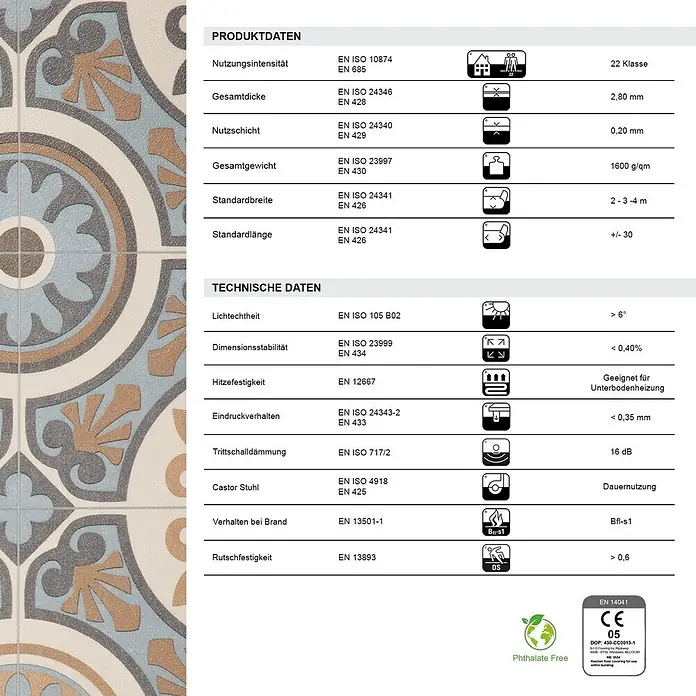 Vinylboden CV-Belag - 700 x 100 cm, Lagos 761M - Detaillierte technische Daten und Zertifizierungen für gemusterten Bodenbelag.