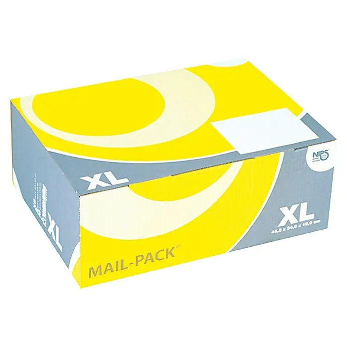 Mail-Pack Verpackungskarton - L x B x H: 465 x 345 x 180 mm - Eine gelb-graue Mail-Pack XL-Versandbox mit Aufdruck. Ideal für den sicheren Versand großer Gegenstände.