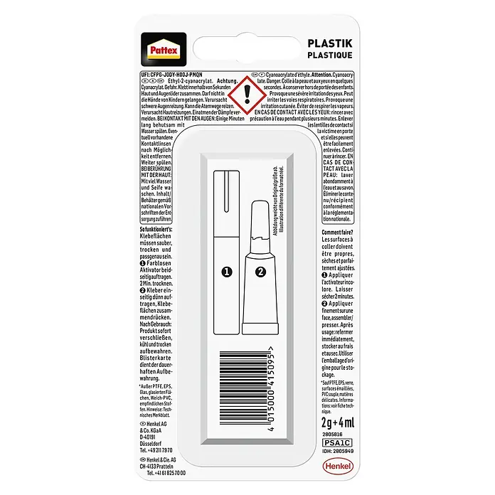 Pattex Sekundenkleber Plastix Flüssig - 2 g, Flüssig, Tube - Verpackung von Pattex Plastikkleber mit zwei Komponenten zum Verkleben von Kunststoffen. Anleitung und Warnhinweise sind sichtbar.