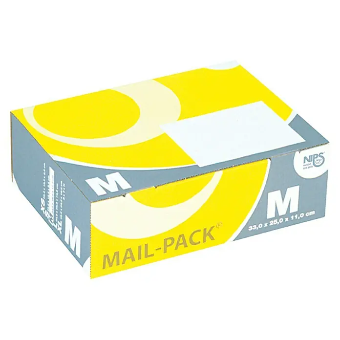 Mail-Pack Verpackungskarton - L x B x H: 330 x 250 x 110 mm - Gelber "Mail-Pack"-Versandkarton in Größe M, ideal für den sicheren Versand verschiedener Gegenstände.