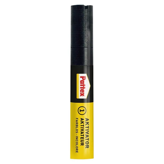 Pattex Sekundenkleber Plastix Flüssig - 2 g, Flüssig, Tube - Pattex Aktivator Stift mit schwarzer Kappe und gelbem Etikett, beschriftet mit 'AKTIVATOR' und 'FARBLOS - INCOLORE'.