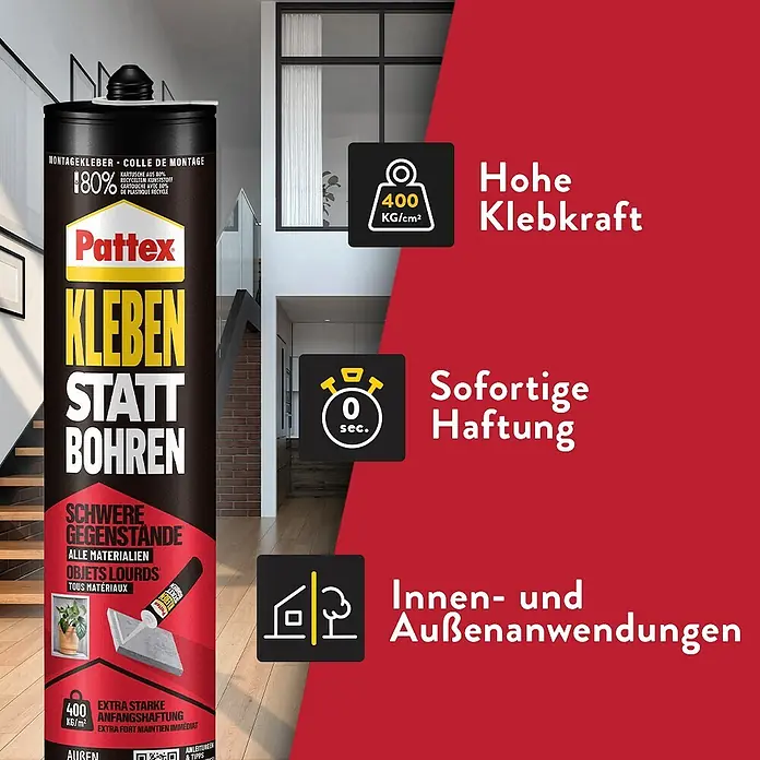 Pattex Montagekleber Kleben statt Bohren Schwere Gegenstände - 440 g, Lösemittelfrei - Schwarze Pattex Montagekleber-Tube, bewirbt „Kleben statt Bohren“, 400 kg/cm² Haftkraft, Soforthaftung und Innen-/Außenanwendung.