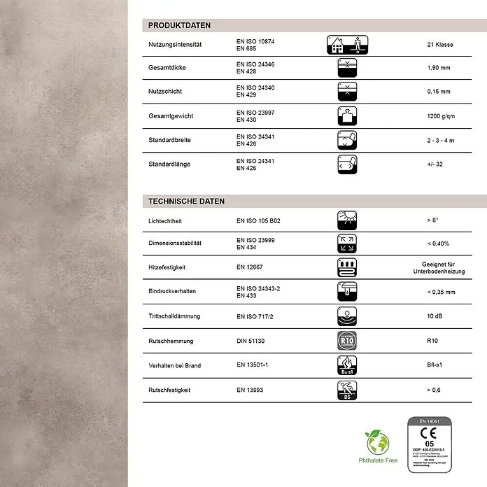 Vinylboden CV-Belag - 700 x 100 cm, Midas 139L - Technisches Datenblatt für Bodenbeläge, mit Angaben zu Nutzungsintensität, Dicke, Rutschhemmung und Zertifizierungen.
