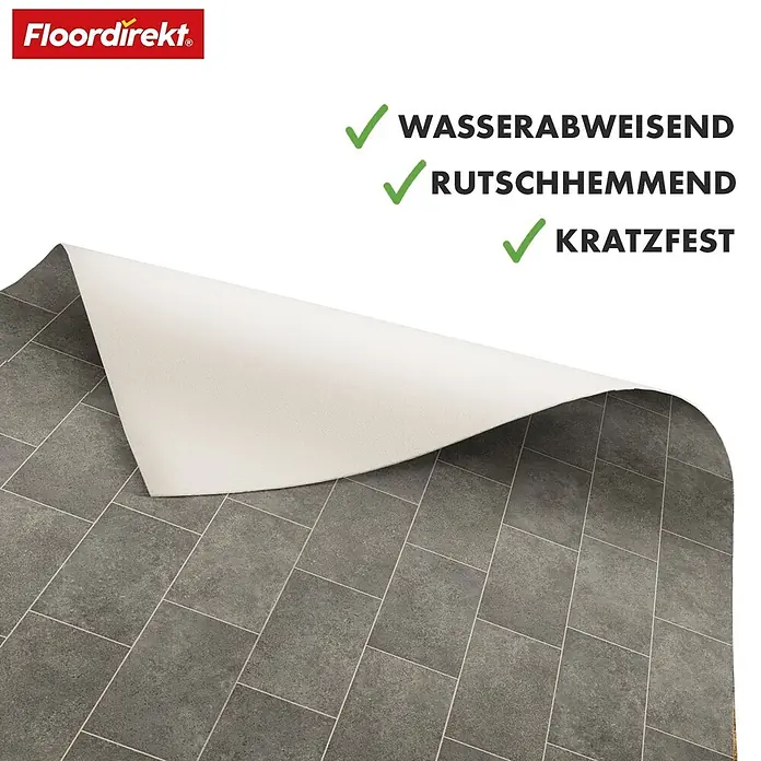 Vinylboden CV-Belag - 1.900 x 100 cm, Kent 968 M - Grauer PVC-Boden in Fliesenoptik, teilweise aufgerollt, mit den Eigenschaften wasserabweisend, rutschhemmend und kratzfest.