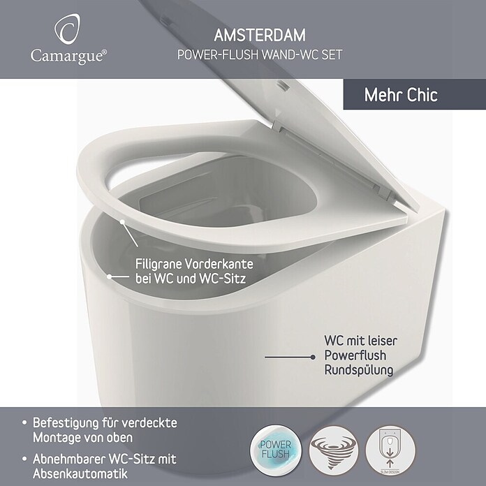 Camargue Wand-WC-Set Amsterdam (Spülrandlos, Ohne Spezialglasur, Spülform: Tief, WC Abgang: Waagerecht, Weiß) | BAUHAUS