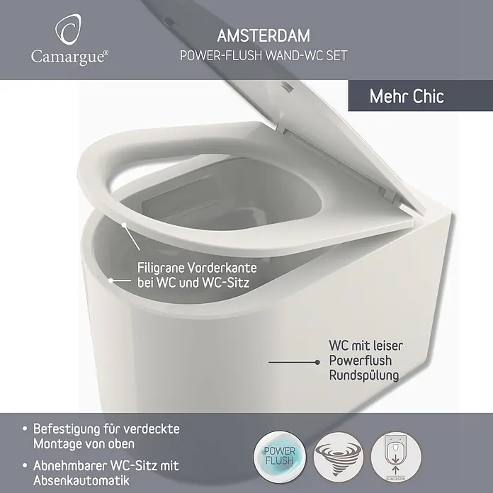 Camargue Wand-WC-Set Amsterdam - Spülrandlos, Ohne Spezialglasur, Spülform: Tief, WC Abgang: Waagerecht, Weiß - Weißes Camargue Wand-WC-Set mit schlankem Design, Power-Flush und Absenkautomatik.