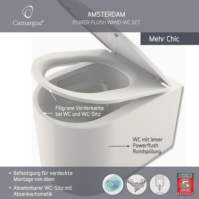 Camargue Wand-WC-Set Amsterdam (Spülrandlos, Ohne Spezialglasur, Spülform: Tief, WC Abgang: Waagerecht, Weiß) | BAUHAUS