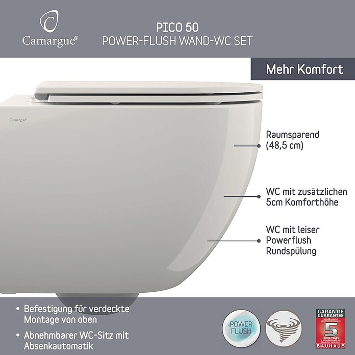 Camargue Wand-WC-Set Pico 50 (Spülrandlos, Ohne Spezialglasur, Spülform: Tief, WC Abgang: Waagerecht, Weiß) | BAUHAUS