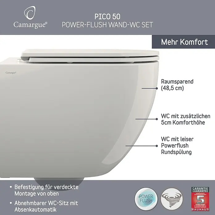 Camargue Wand-WC-Set Pico 50 - Spülrandlos, Ohne Spezialglasur, Spülform: Tief, WC Abgang: Waagerecht, Weiß - Weißes Camargue PICO 50 wandhängendes WC-Set mit Power-Flush, Komfort-Höhe und Soft-Close-Sitz.