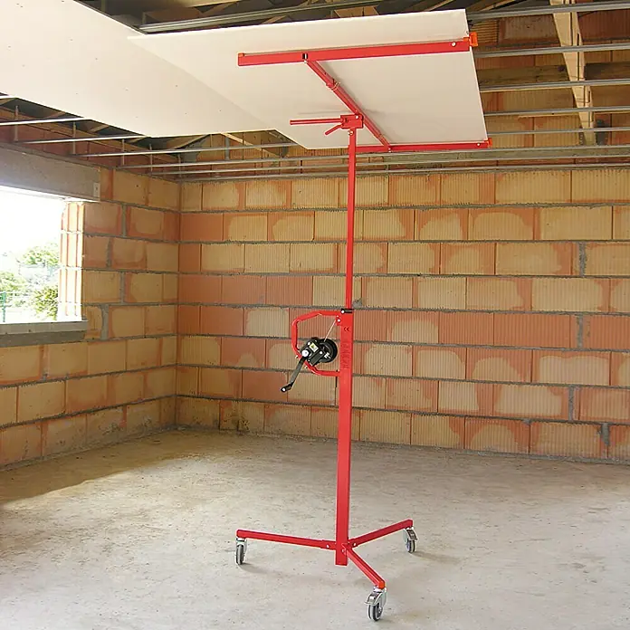 Elevador de placas de yeso de yeso - 65 kg, Ajuste de altura: 0 cm - 310 cm - El elevador de paneles de yeso en rojo está listo para montar un panel en el techo, facilitando enormemente los proyectos de construcción.