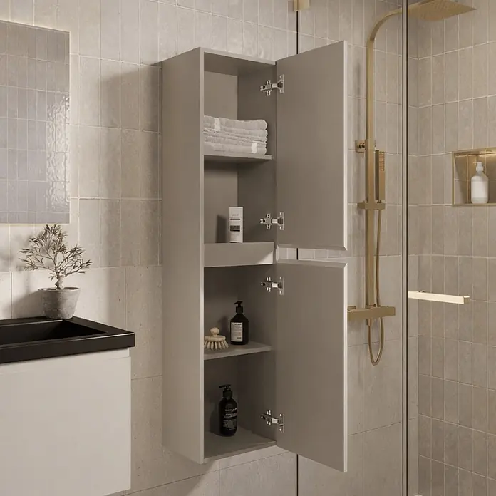 LOMAZOO Badmöbel-Set SOR-BE-WZ-100 - Gesamtbreite Badmöbel: 100 cm, Greige (Graubeige) - Hellgrauer Badezimmerschrank mit offenen Türen, Regalböden mit Handtüchern und Pflegeprodukten. Bietet praktischen Stauraum.